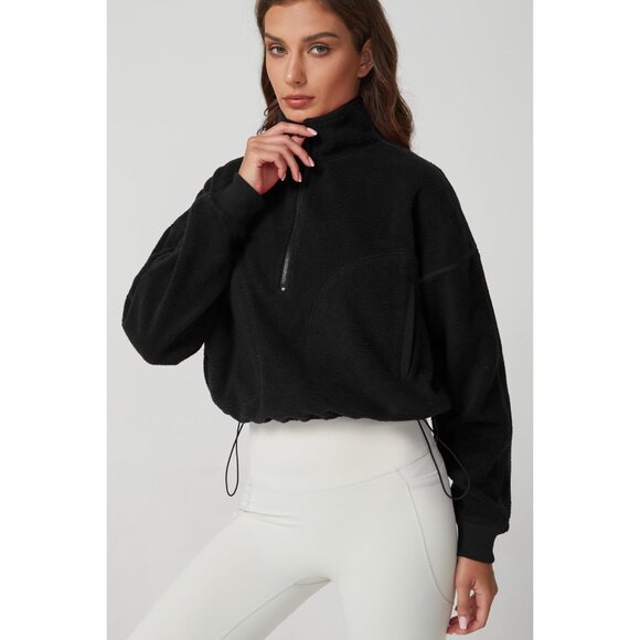 Women's Black Half Zip Fleece Short Pullover Long Sleeve Cozy Sherpa Sweater - Picture 5 of 6